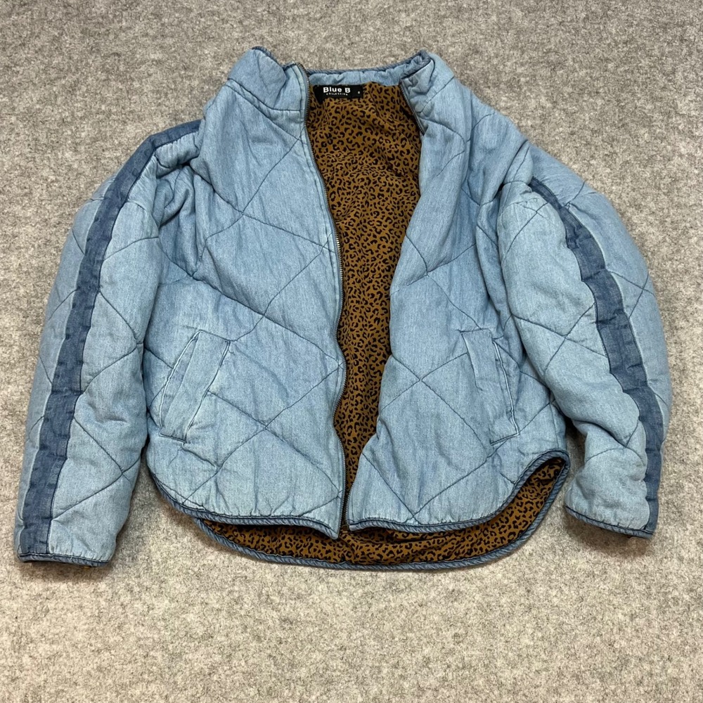 Blue‎ B Collection Quilted Blue Denim Jacket Leopard Print Lined Collared Size S